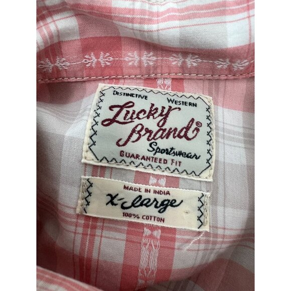 Lucky Brand XL Pearl Snap Long Sleeve Plaid Shirt Red Beige Tan Cowboy Rodeo - Picture 3 of 14